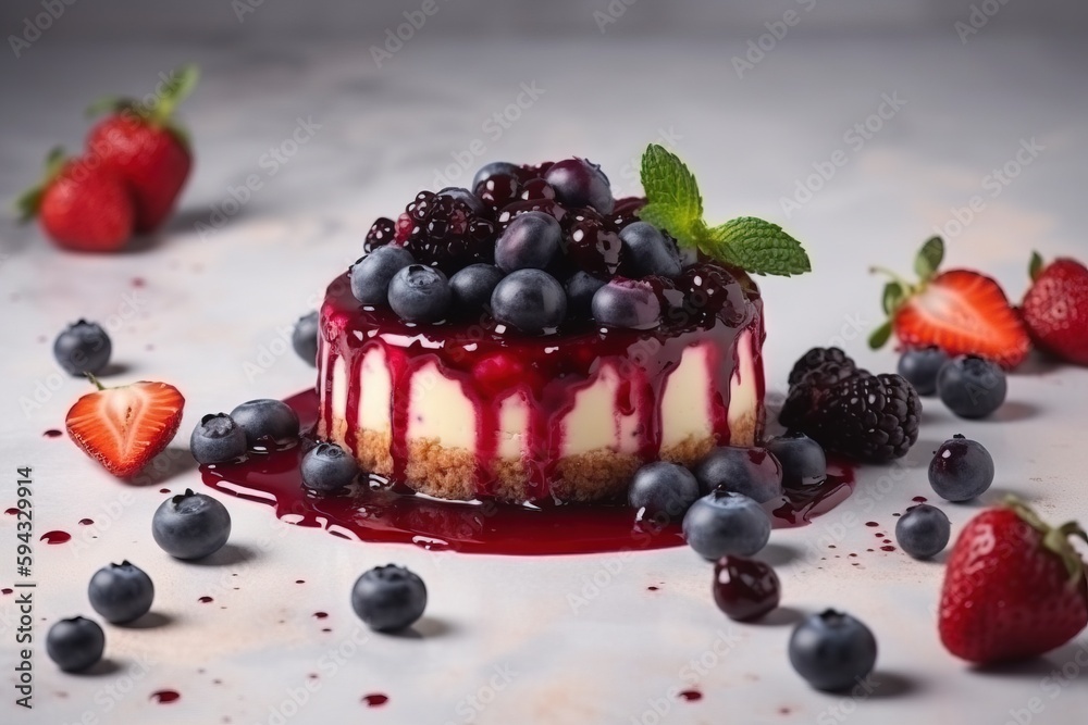  a cake with berries and blueberries on a white surface with a few more berries around it and a few 