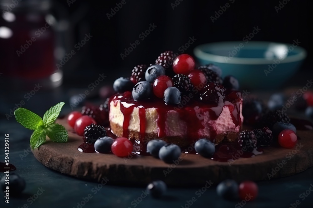  a cake with berries and blueberries on a cutting board with a mint leaf on the edge of the cake and