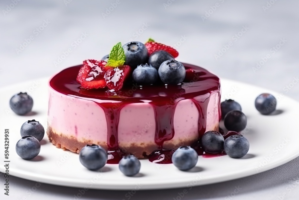  a dessert with berries and blueberries on a white plate on a white tablecloth with blueberries and 