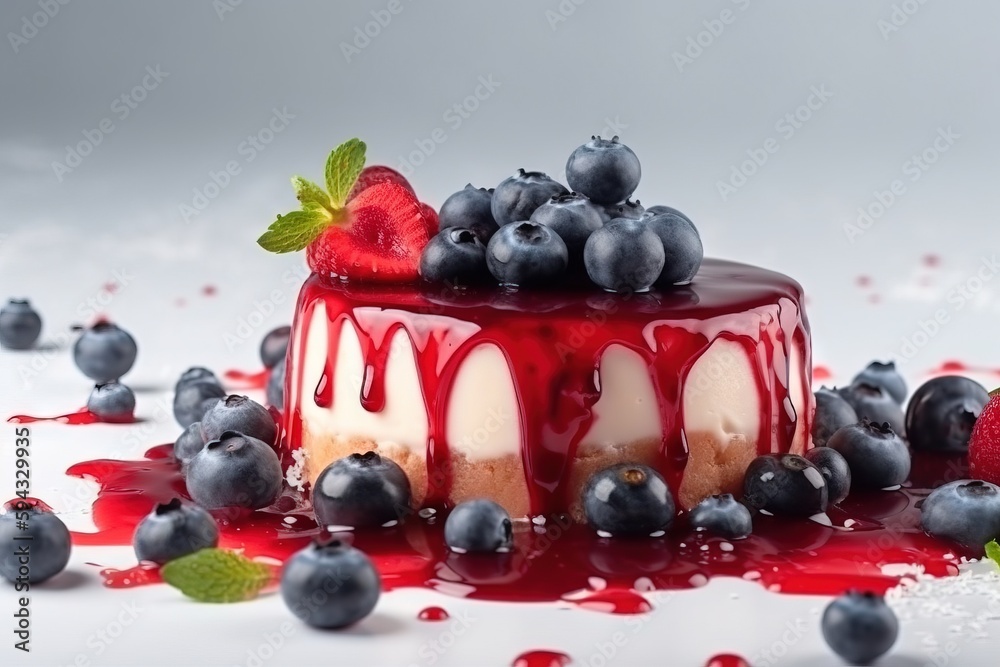  a cake with berries and blueberries on top of it on a white table with red and blue drops of water 