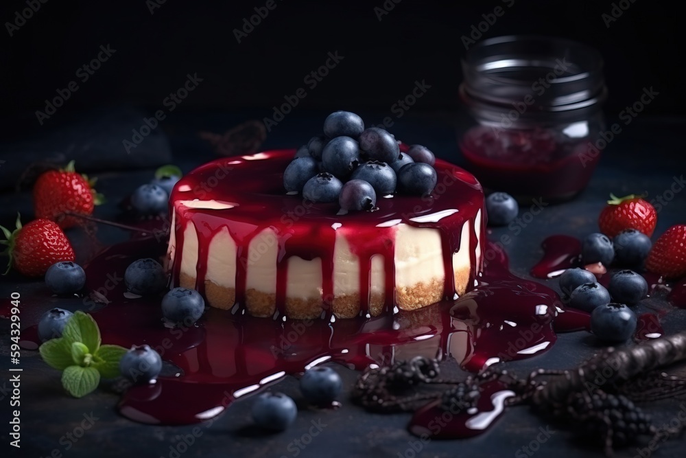  a cheesecake with berries on a table with a jar of jam in the background and a spoon with berries o