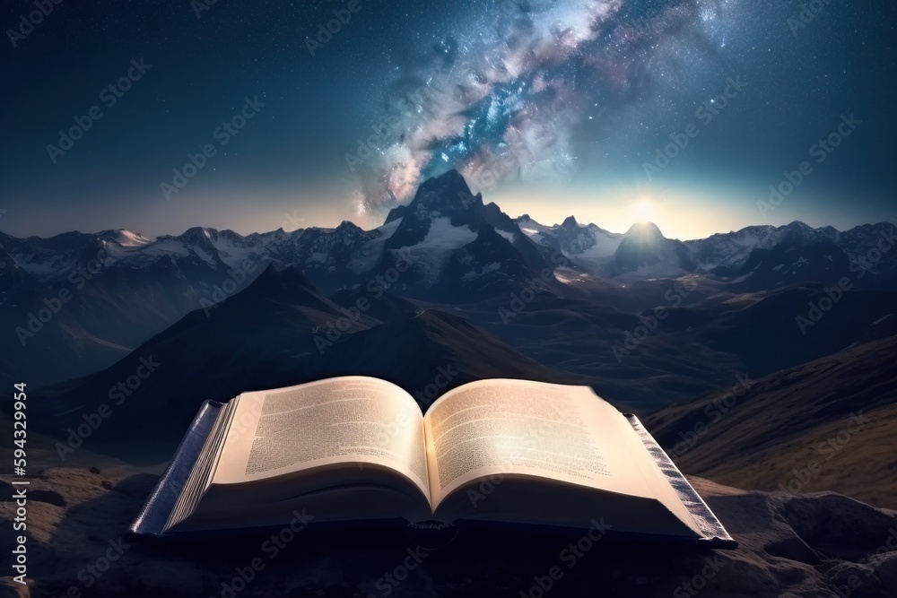  an open book on a rocky surface with a view of the sky and mountains in the background with a brigh