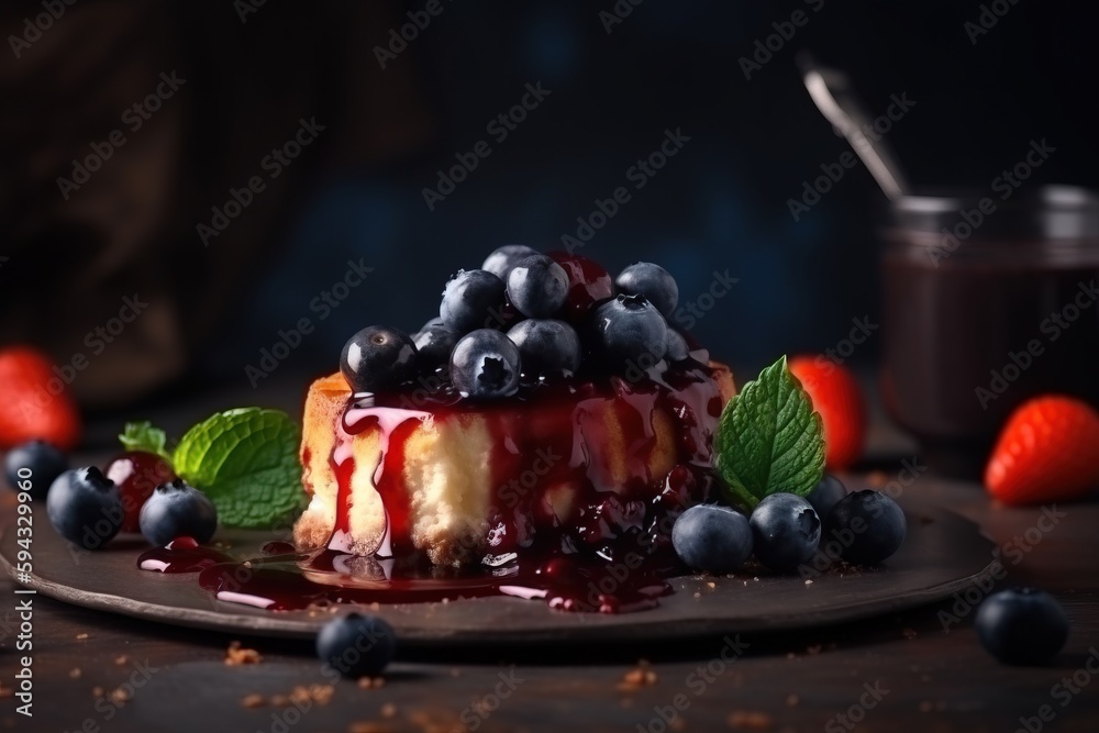  a piece of cheesecake with blueberries and mint leaves on a plate with a cup of chocolate milk and 