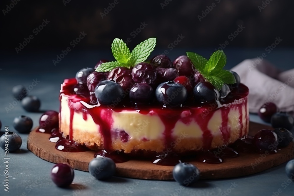  a cheesecake with blueberries and mint on a cutting board with a napkin and a napkin on the side of