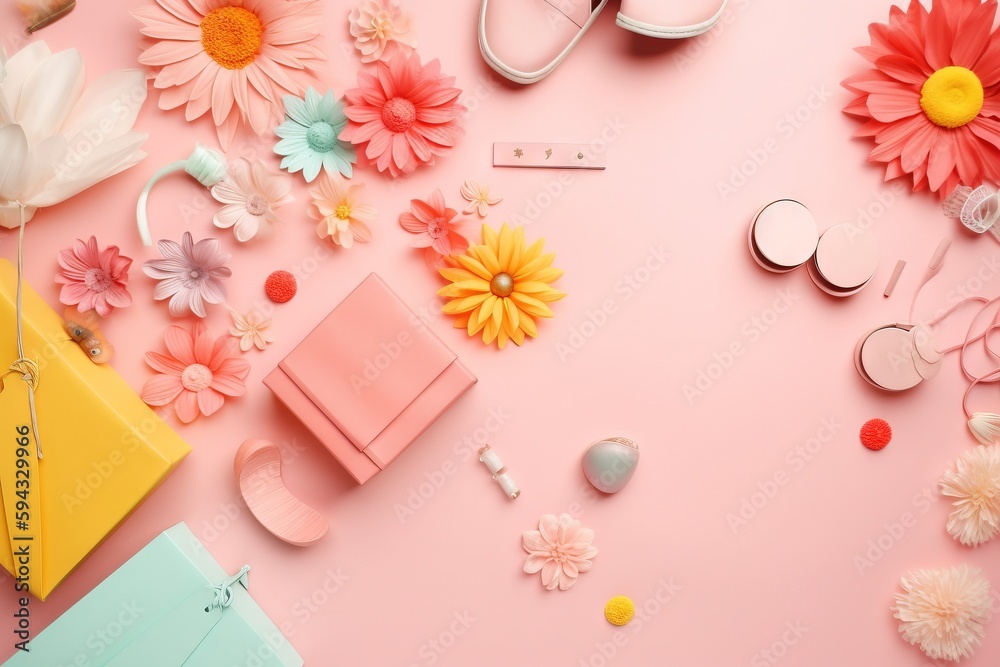  a pink background with flowers, scissors, and other items on it, including a pair of scissors, a pa