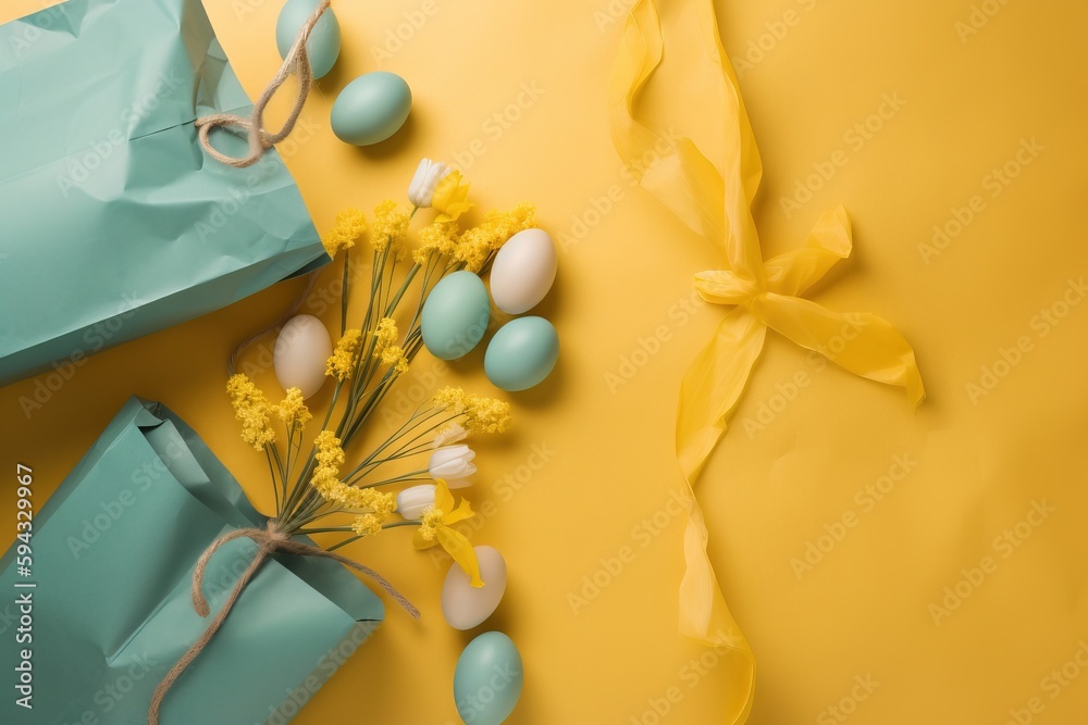  a bunch of eggs sitting on top of a blue bag next to a bunch of yellow flowers and a yellow ribbon 