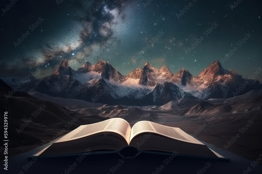  an open book sitting on top of a table under a night sky filled with stars and a star filled mounta