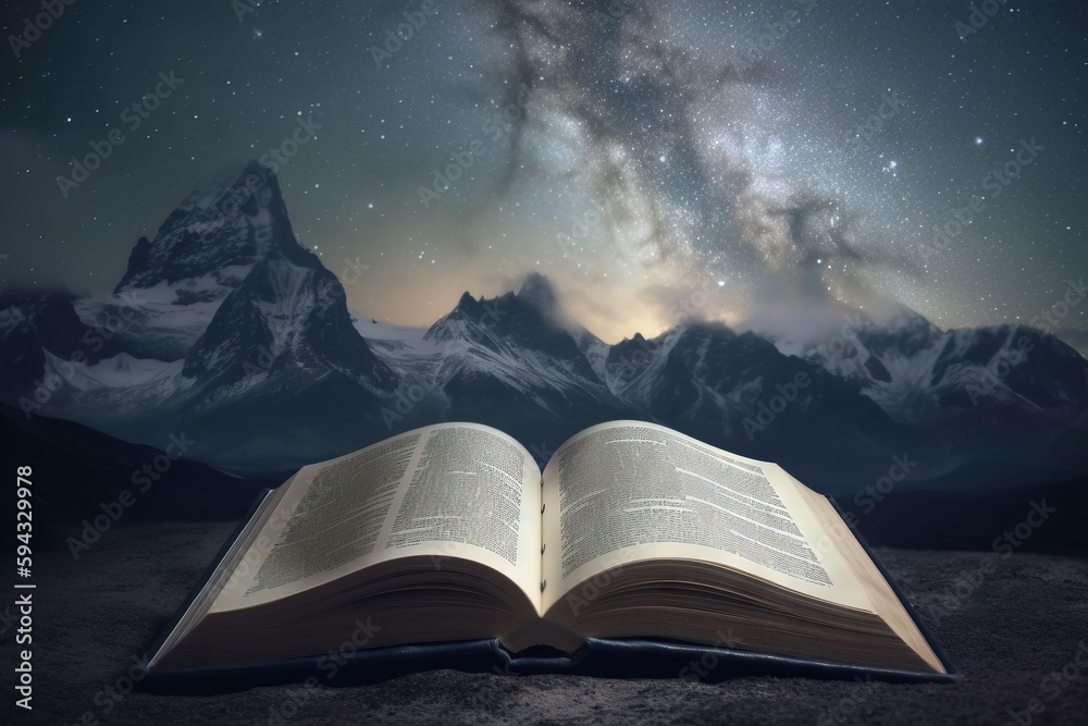  an open book sitting on top of a dirt field under a night sky filled with stars and a mountain rang