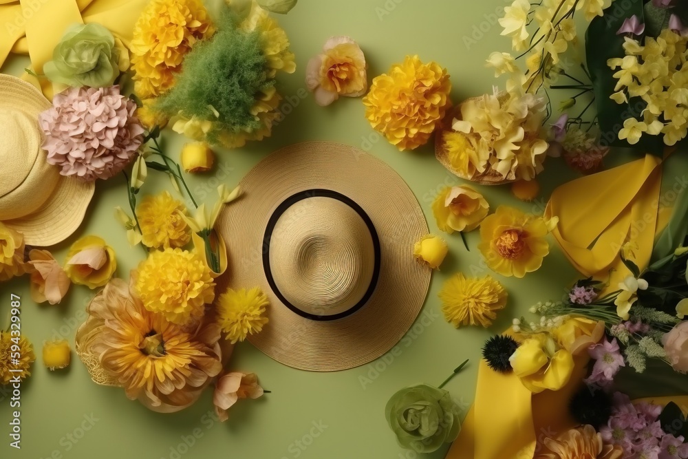  a hat and flowers on a green surface with a yellow ribbon around the top of the hat and the flowers