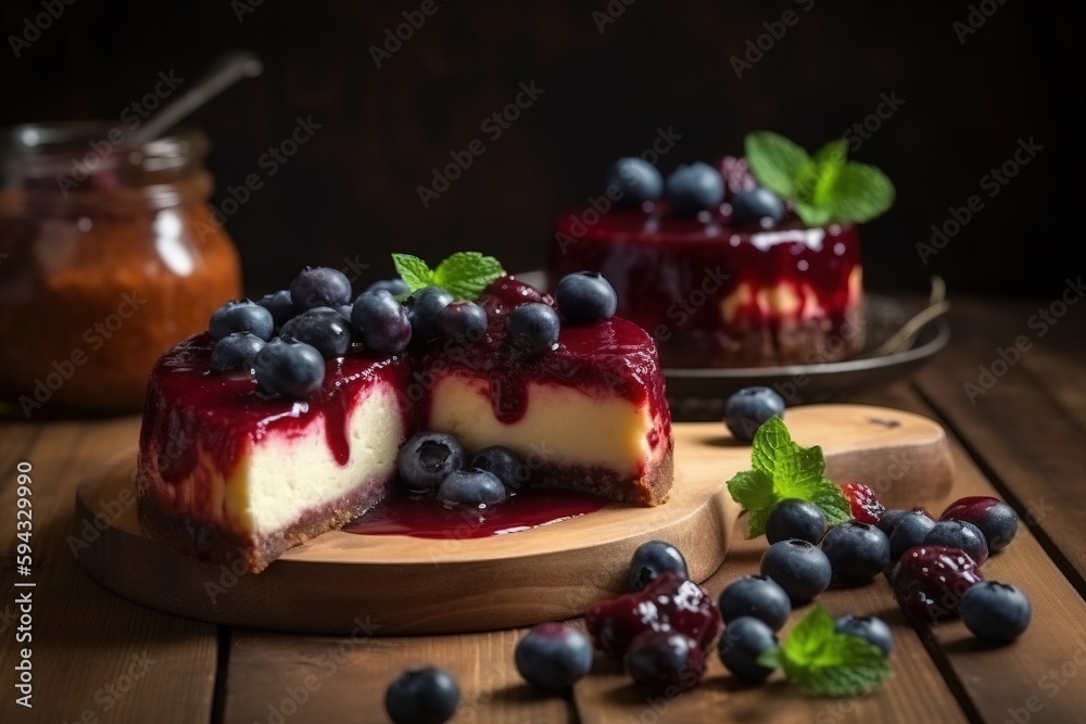  a piece of cheesecake with blueberries and mint on a wooden board with a jar of peanut butter and b