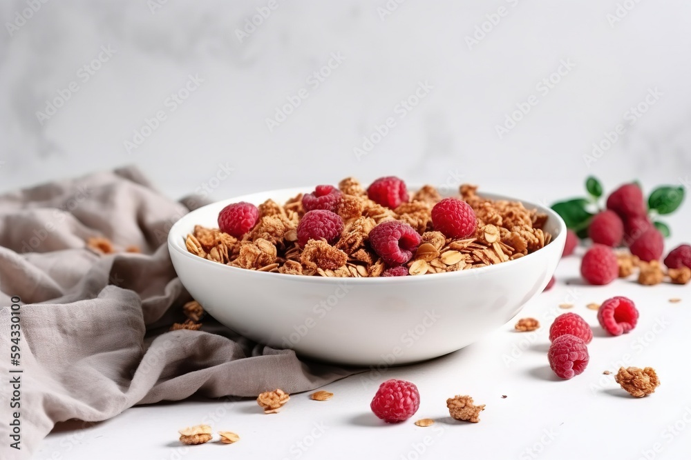  a bowl of granola with raspberries on a table with a cloth and two raspberries on the side of the b