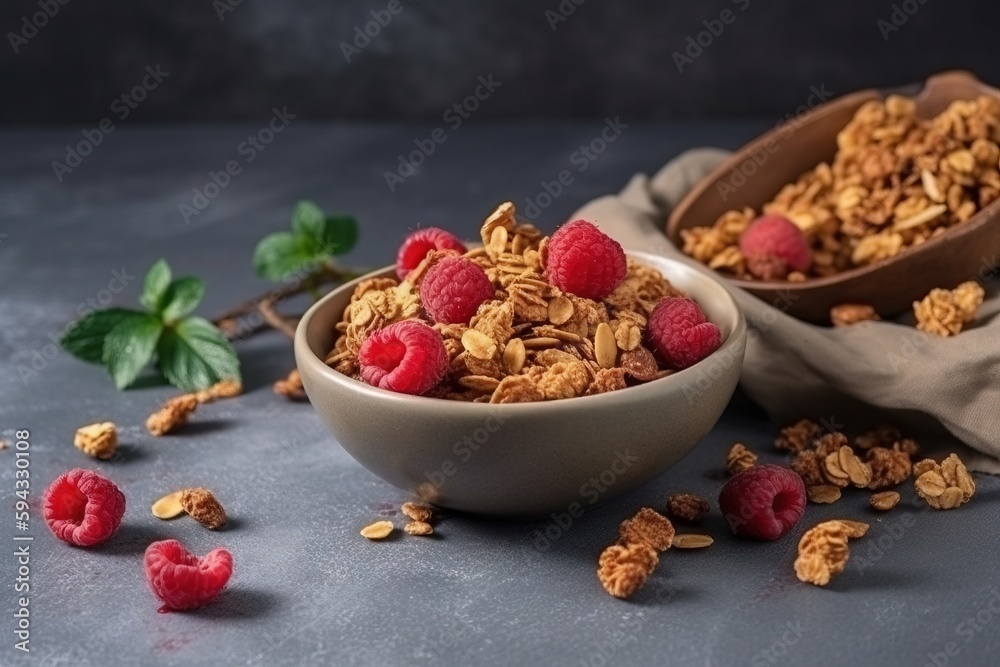  a bowl of granola with raspberries and a bowl of raspberries on the side of the bowl with raspberri