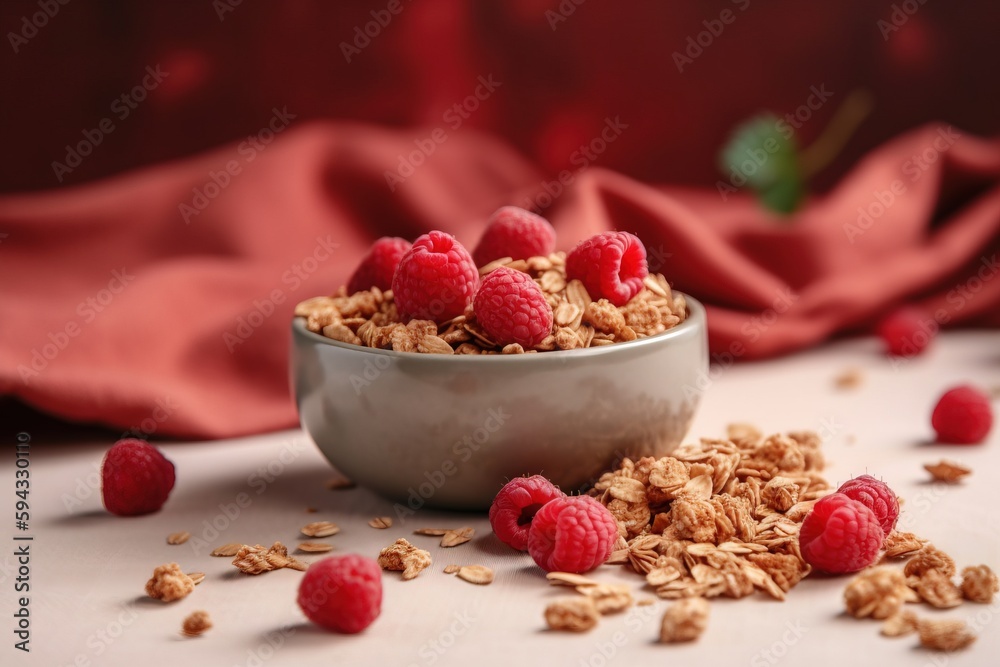  a bowl filled with granola and raspberries on top of a white tablecloth with red fabric behind it a