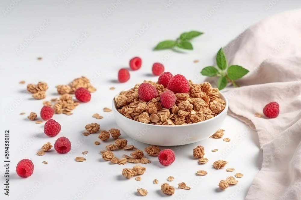  a bowl of granola with raspberries on a white tablecloth with a green leaf on top of the bowl and s