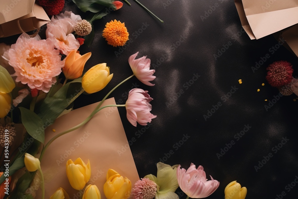  a bunch of flowers that are laying on a black surface with a brown paper bag on the side of the pic