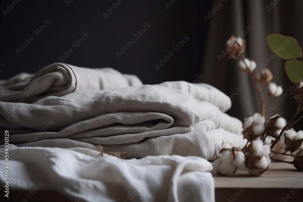  a bunch of white linens and cottons on a table next to a window with a plant in the foreground and 