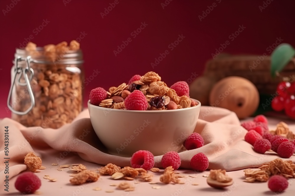  a bowl of granola with raspberries on a table next to a jar of granola flakes and a cloth with rasp