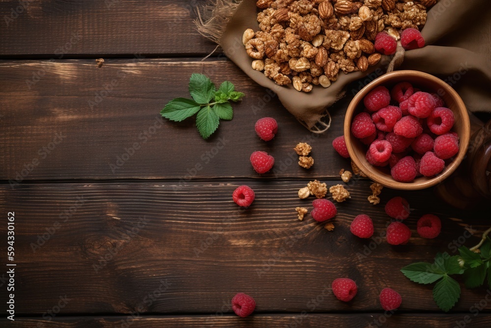  a bowl of raspberries and a bowl of granola on a wooden table with a cloth bag and a cup of raspber