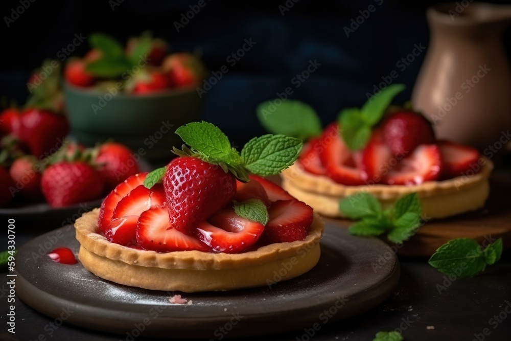  a close up of a pastry with strawberries on it and mint leaves on the top of the pastry and a bowl 