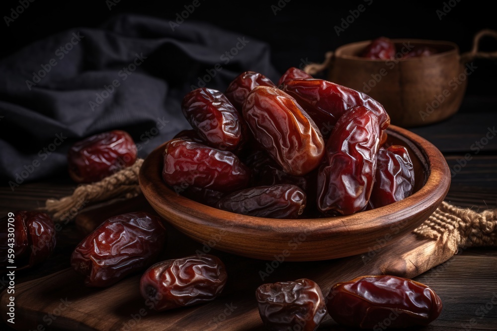  a wooden bowl filled with red dates on top of a wooden cutting board next to a bowl of dates on a w