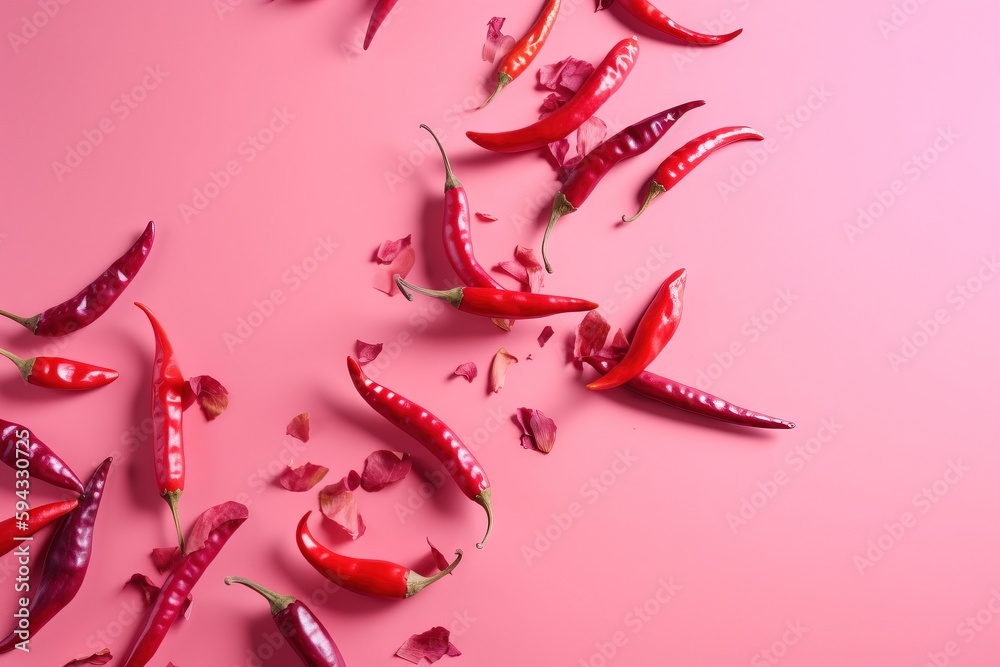  a group of red peppers on a pink background with a pink background and a pink background with red p