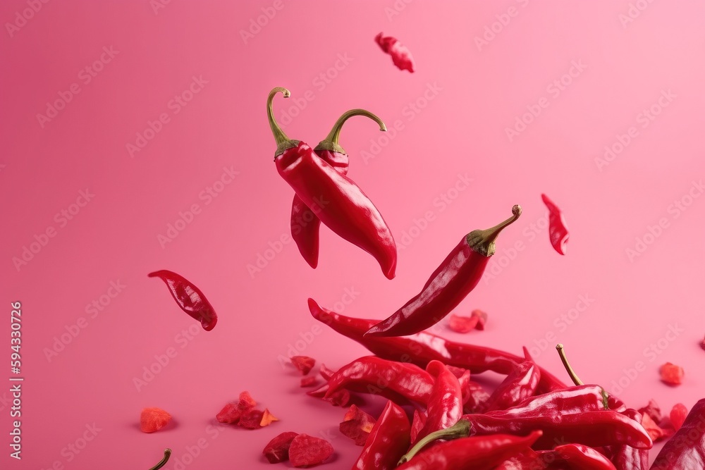  a pile of red hot peppers on a pink background with petals of petals falling off of the hot peppers