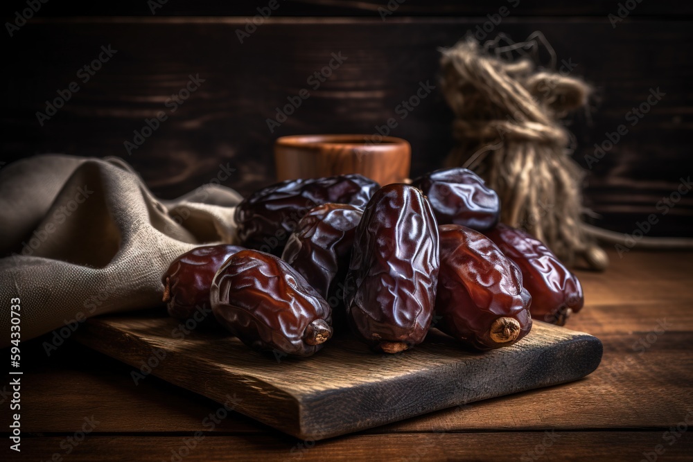  a pile of dates sitting on top of a wooden cutting board next to a sack of burlies and a string of 