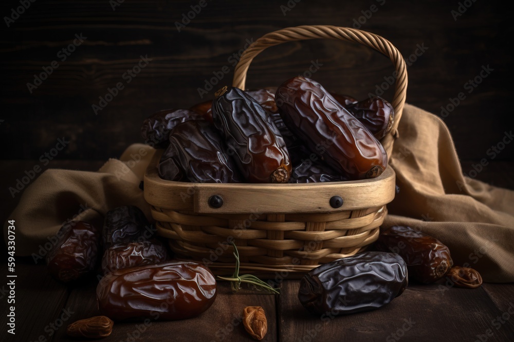  a basket filled with dates sitting on top of a wooden table next to a cloth covered table cloth and