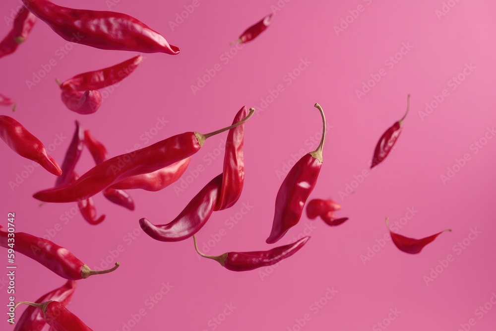  a group of red peppers flying through the air on a pink background with a pink background behind th