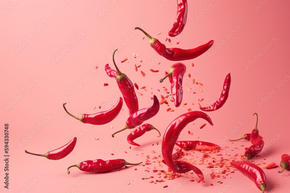  a group of red peppers falling into the air on a pink background with a splash of red chili on the 