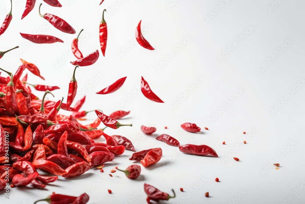  a pile of red chili peppers on a white surface with scattered chili peppers on the floor and scatte