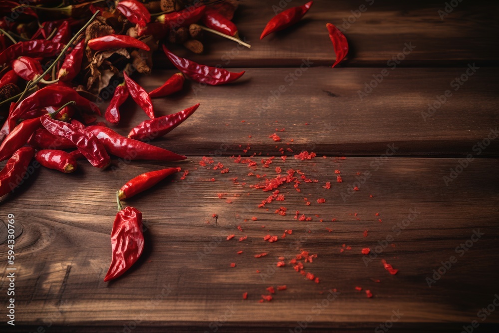  a pile of red chili peppers on a wooden table next to a pile of other red chili peppers on a wooden