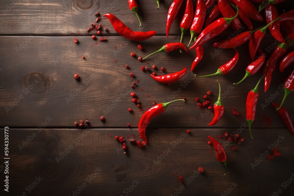  a group of red peppers on a wooden table with some red peppers on the table next to them and some g