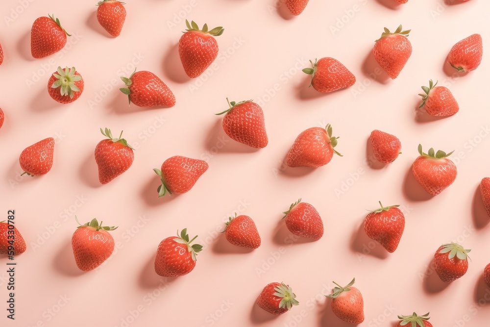  a group of strawberries arranged on a pink background with a green leafy stem on the top of the str