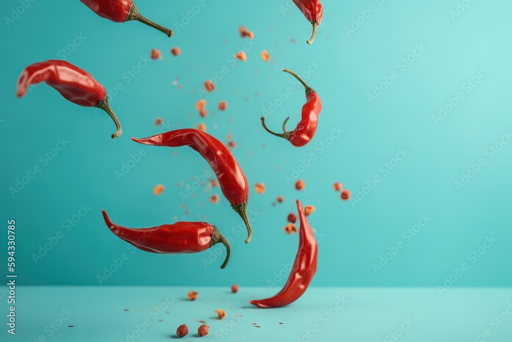  a group of red peppers flying through the air with seeds coming out of them on a blue background wi