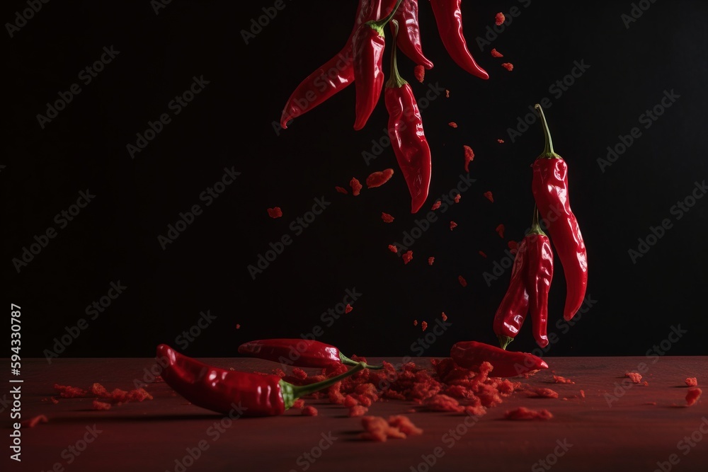  a group of red peppers falling into a pile of red chilis on a table with a black background and a f