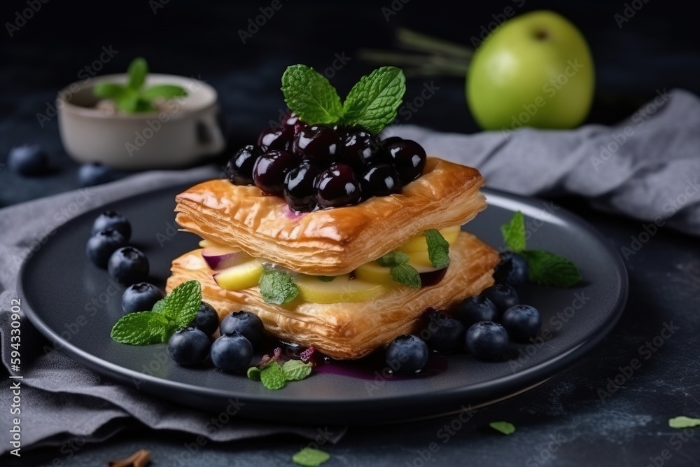  a black plate topped with a pastry covered in blueberries and other fruit toppings next to a green 