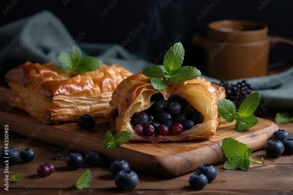  a wooden cutting board topped with a pastry covered in blueberries and a minty garnish next to a cu