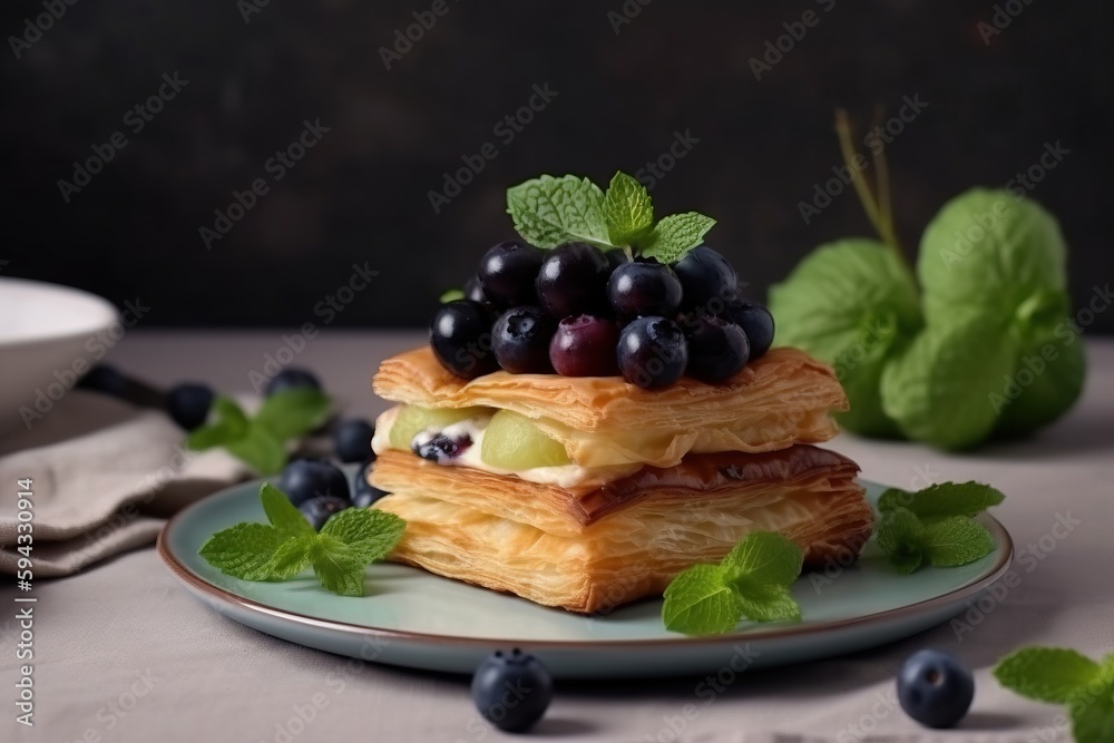  a plate of food with blueberries and grapes on it and mint leaves on the side of the plate and a bo