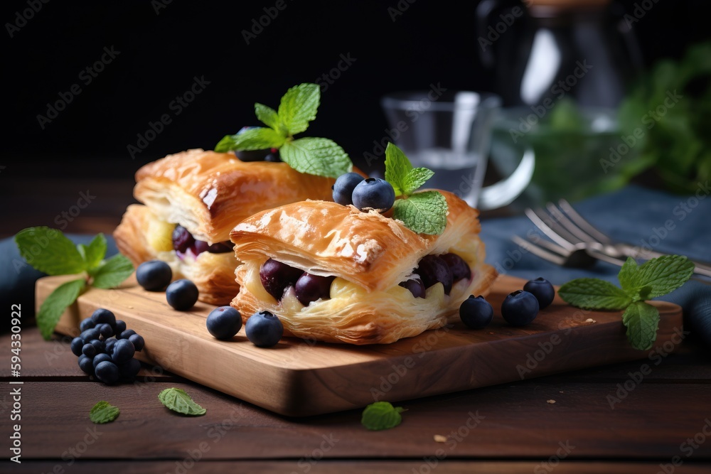  a wooden cutting board topped with pastries covered in blueberries and blueberries on top of a wood