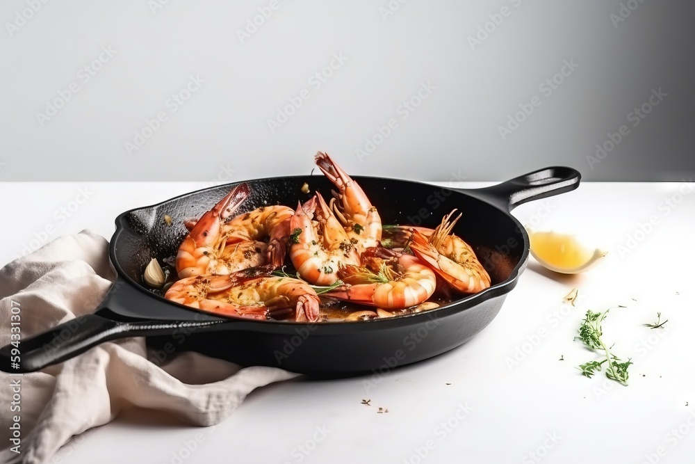  a skillet with shrimp and lemon on a white table with a cloth and a lemon wedge on the side of the 