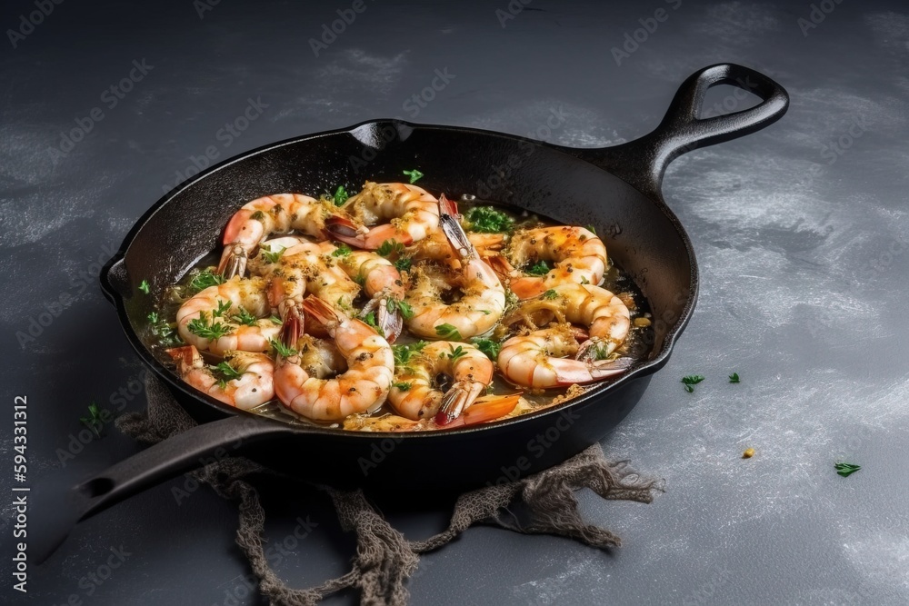  a pan filled with shrimp and vegetables on top of a table next to a pair of gloves and a pair of gl