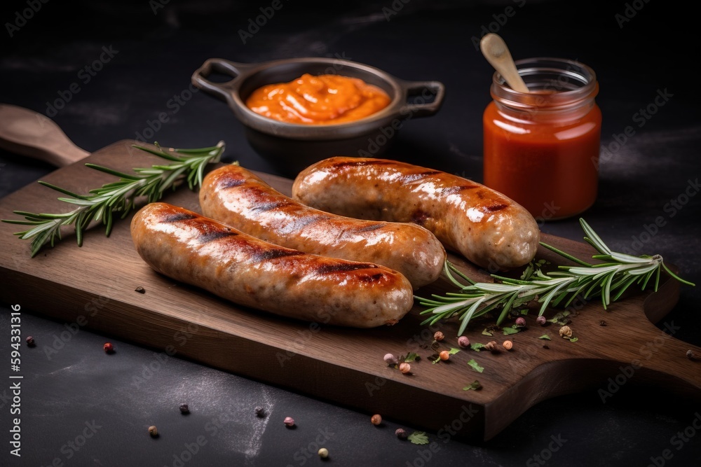  a couple of sausages on a cutting board next to a bowl of sauce and a spoon with a sprig of rosemar