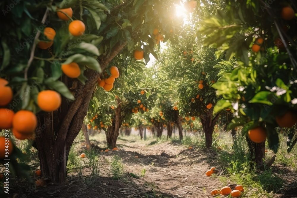  a grove of orange trees with lots of oranges growing on them in the sun shining through the leaves 