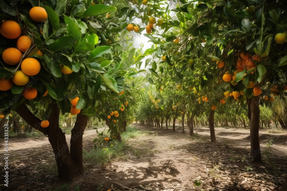  a grove of orange trees with lots of ripe oranges on the trees in the foreground and dirt ground in