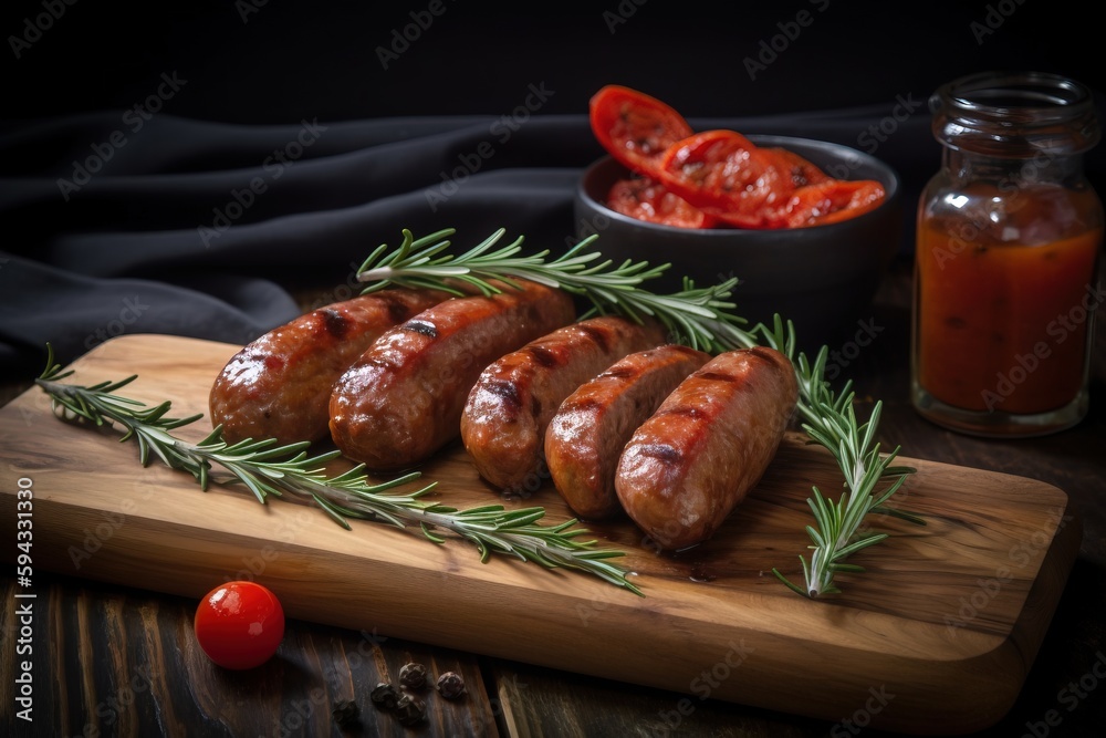  a wooden cutting board topped with sausages next to a bowl of tomatoes and a jar of ketchup and a p