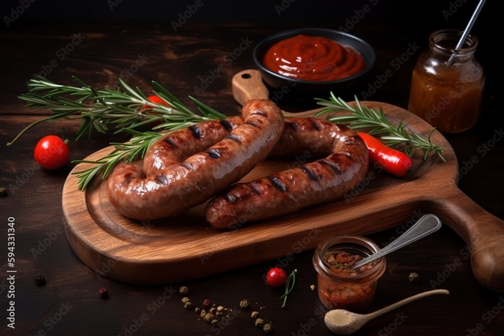  a wooden cutting board topped with sausages next to a jar of ketchup and a spoon with a tomato and 