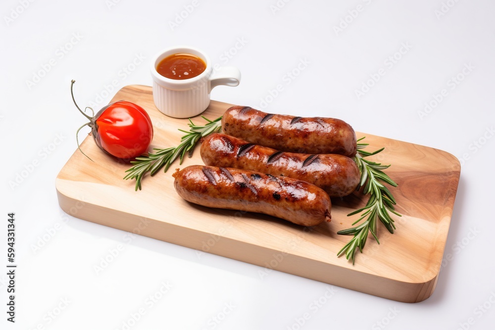  three sausages on a wooden cutting board with a tomato and a cup of ketchup on a white surface with