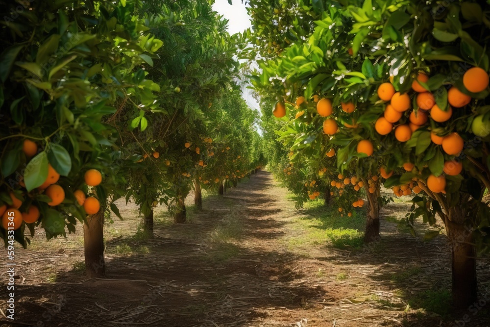  a grove of orange trees with oranges growing on the trees in the foreground and a dirt path in the 