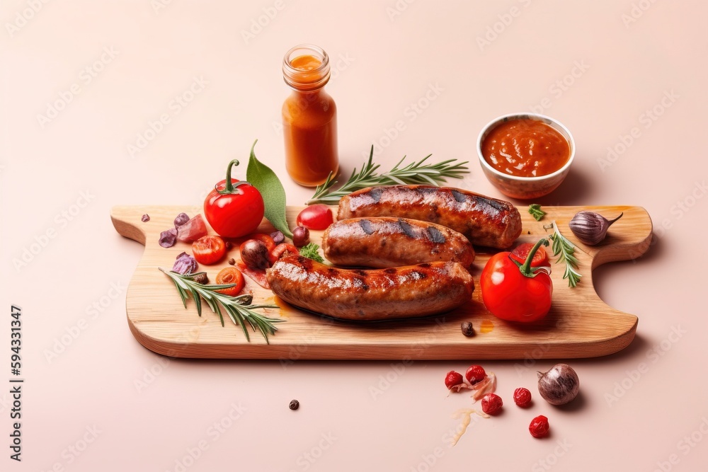  two sausages on a cutting board with tomatoes and herbs next to a jar of ketchup and a small bowl o